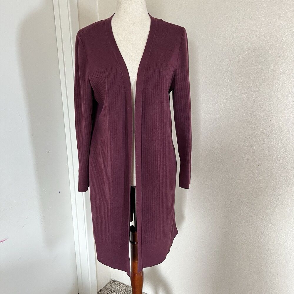 Talbots Women’s Petite Size M Burgundy Knit Open Front Long Cardigan